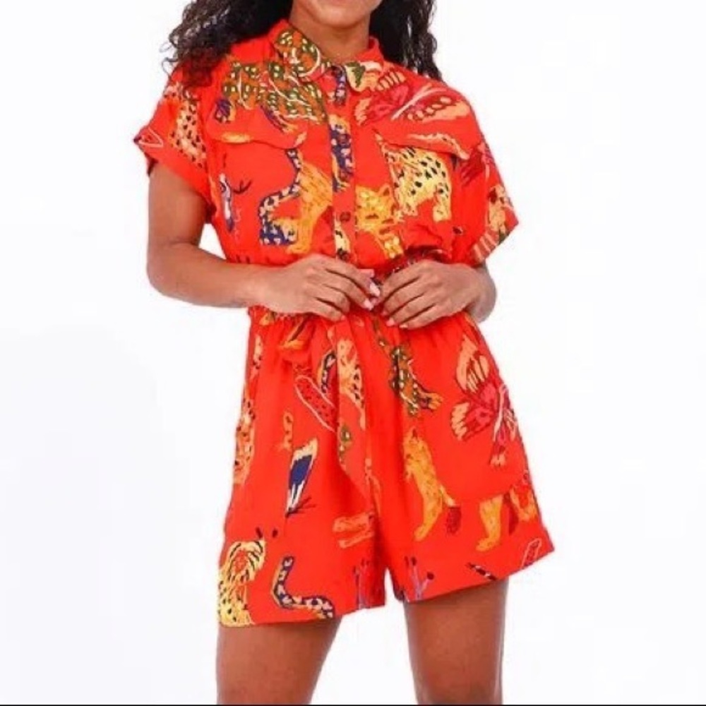 Farm Rio multicolor red animal print romper short sleeve women’s P or XS